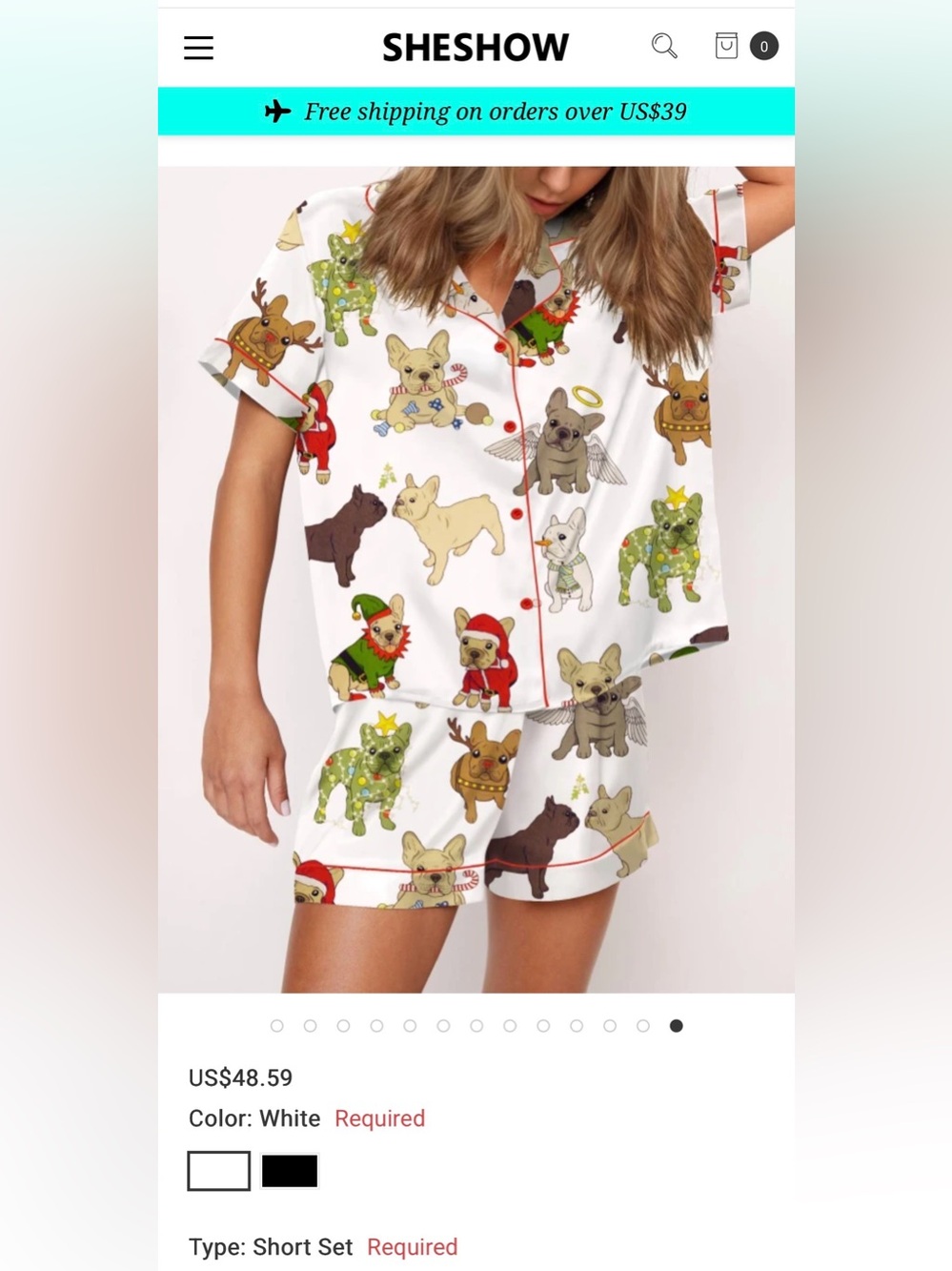 NWT Sheshow Christmas French Bulldog Satin Pajama Short Set XS retails $50!